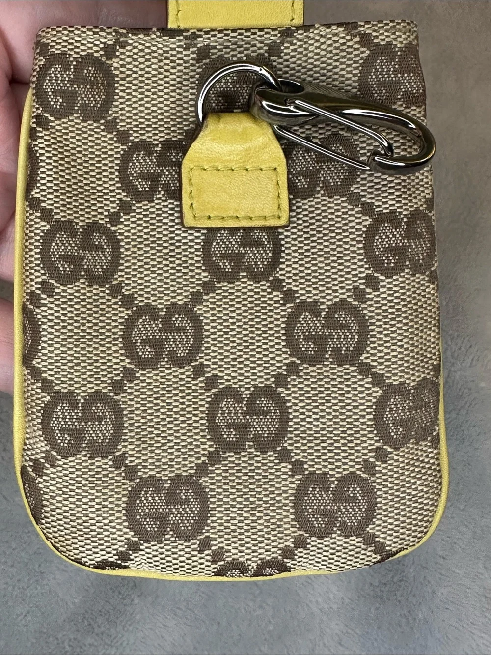 Gucci GG Canvas Mini Pouch Bag Charm Yellow Leather Clip